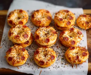 Delicious homemade Bagel Bites with melted cheese and crispy toppings.