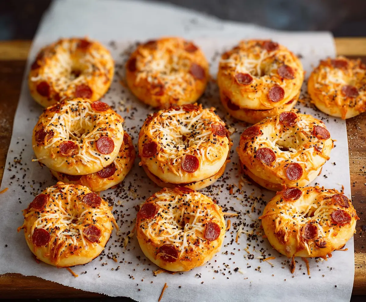 Delicious homemade Bagel Bites with melted cheese and crispy toppings.
