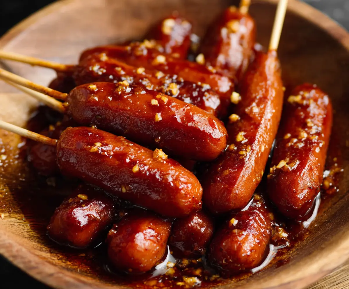 Delicious Honey Garlic Cocktail Smokies served on a platter for a party appetizer.