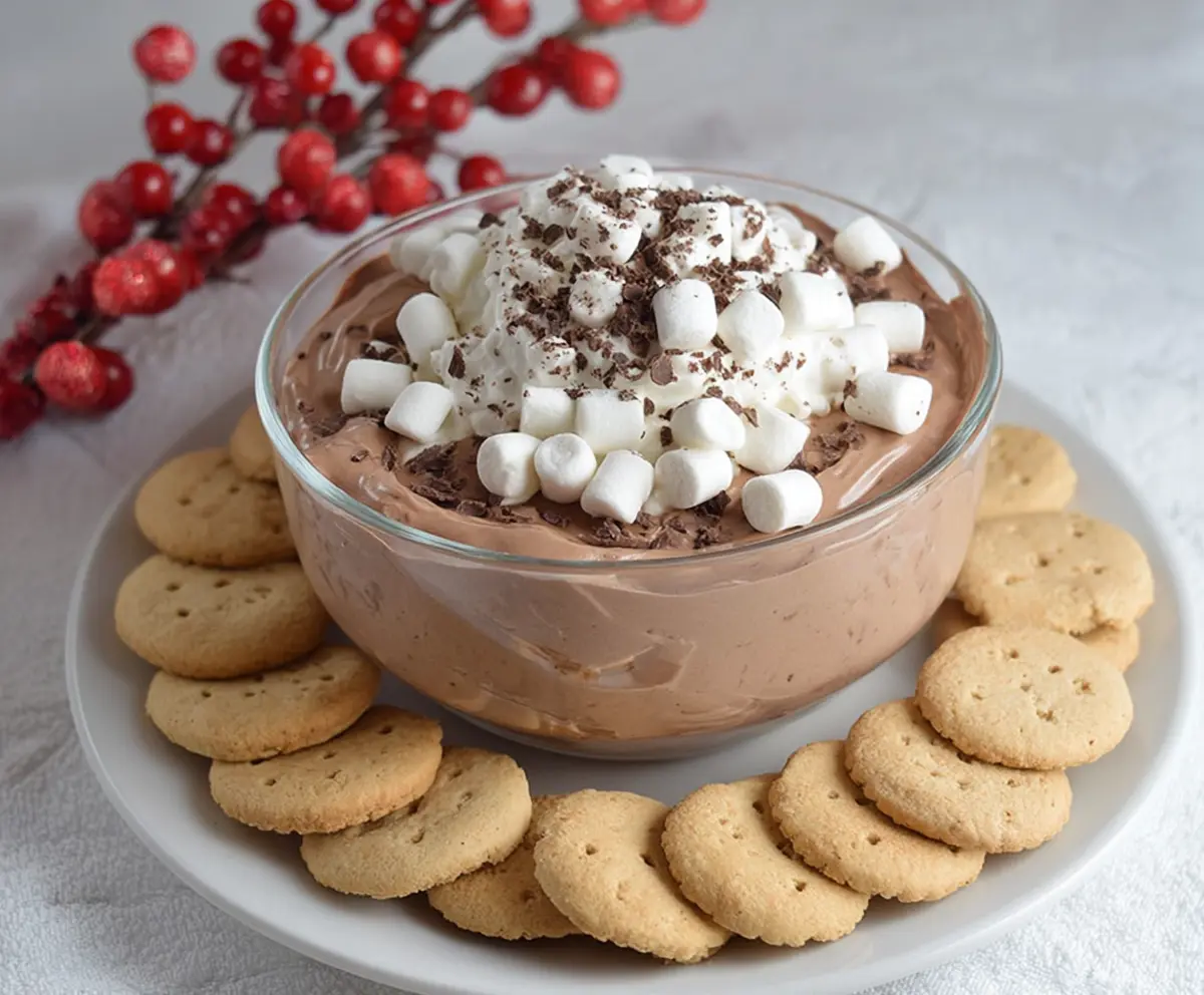 Creamy hot cocoa cheesecake dip topped with whipped cream and chocolate shavings, perfect for dessert lovers.