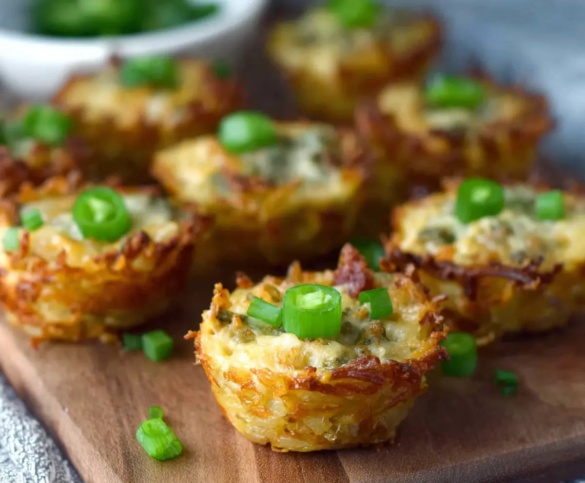Crispy jalapeno popper hash brown cups filled with creamy cheese and chopped jalapenos, perfect for appetizers.