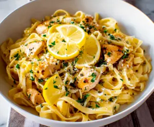 Delicious lemon garlic chicken pasta served on a plate with fresh herbs.