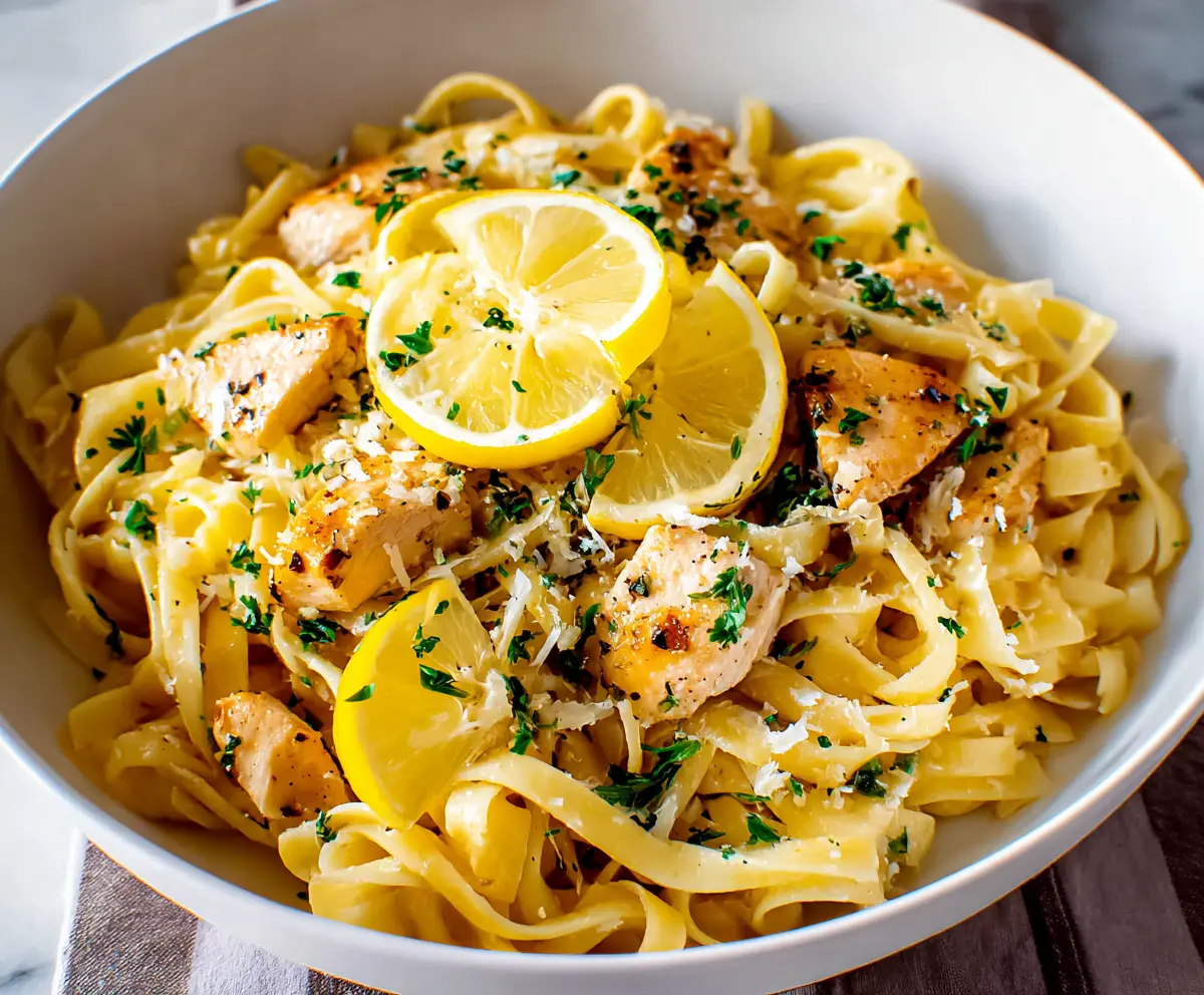 Delicious lemon garlic chicken pasta served on a plate with fresh herbs.
