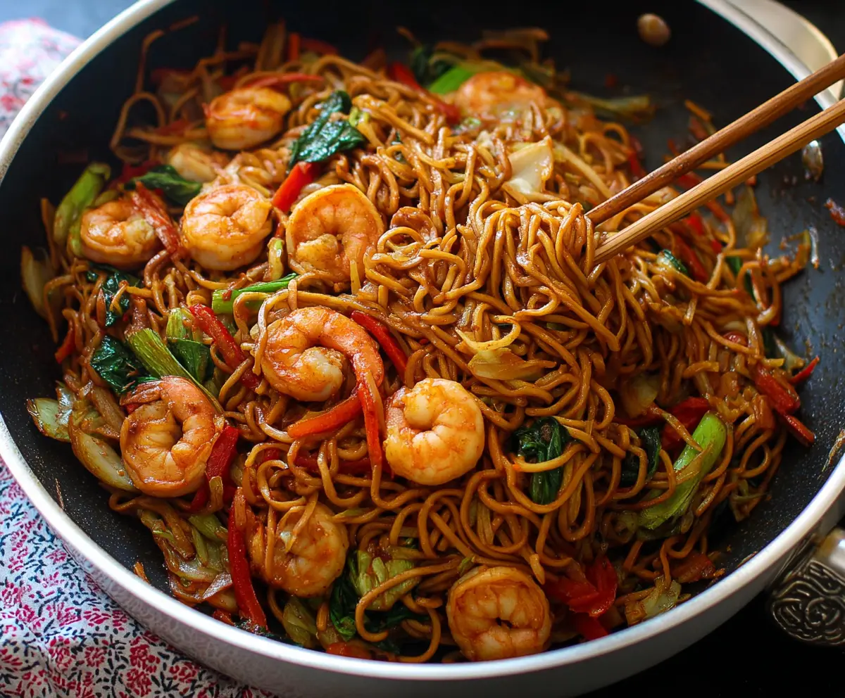 Delicious homemade shrimp Lo Mein with fresh vegetables and savory noodles