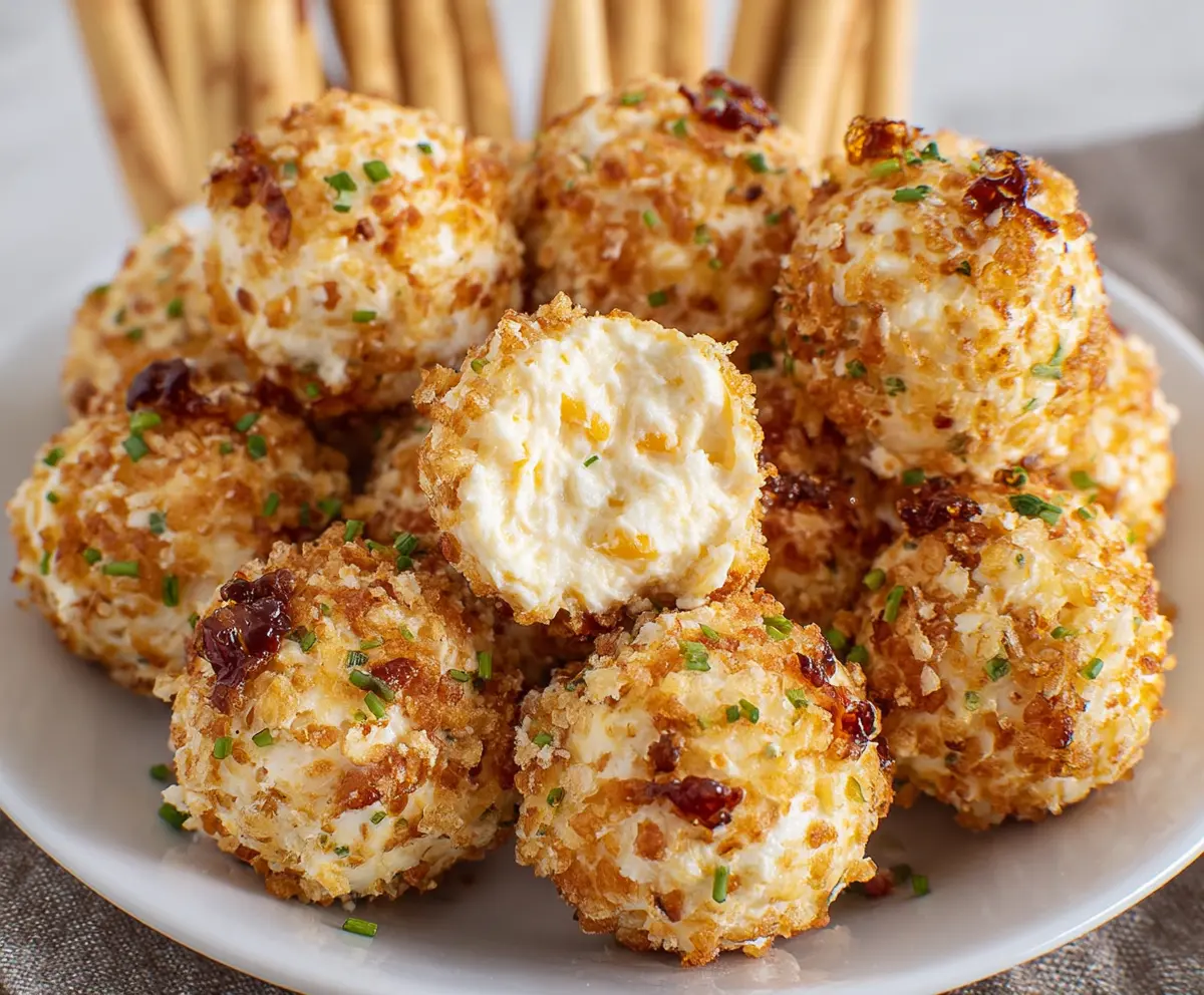 Mini cheeseball bites appetizer with cream cheese, cheddar, and herbs on a platter for party snacks
