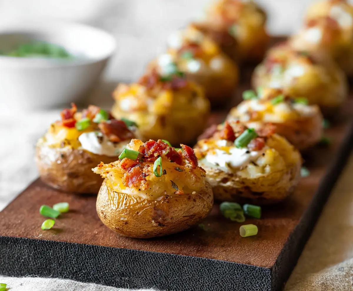 Delicious Mini Loaded Baked Potato Bites topped with cheese, bacon, and chives on a white plate.