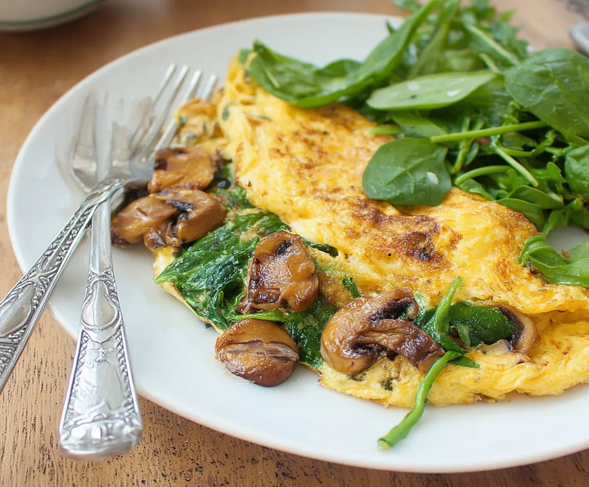 Delicious mushroom and spinach omelet breakfast with fresh ingredients and fluffy texture.