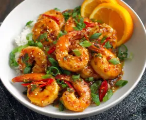 Juicy orange chili garlic shrimp served on a white plate, garnished with fresh herbs.