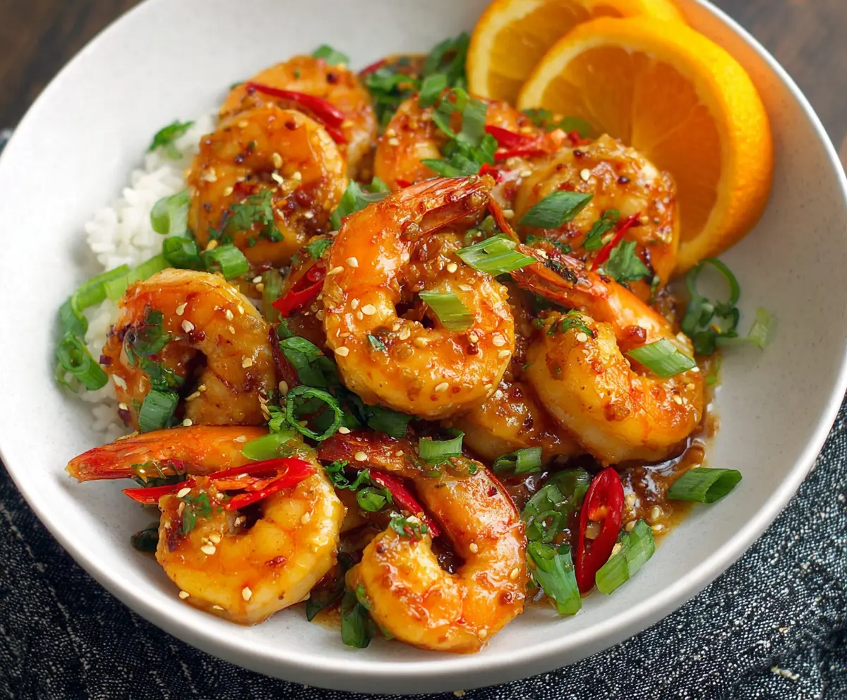 Juicy orange chili garlic shrimp served on a white plate, garnished with fresh herbs.