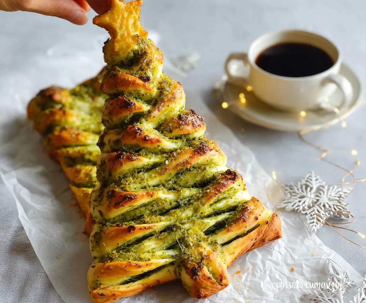 Delicious Pesto Christmas Tree Pull-Apart Bread garnished with fresh herbs and cheese for the festive season.