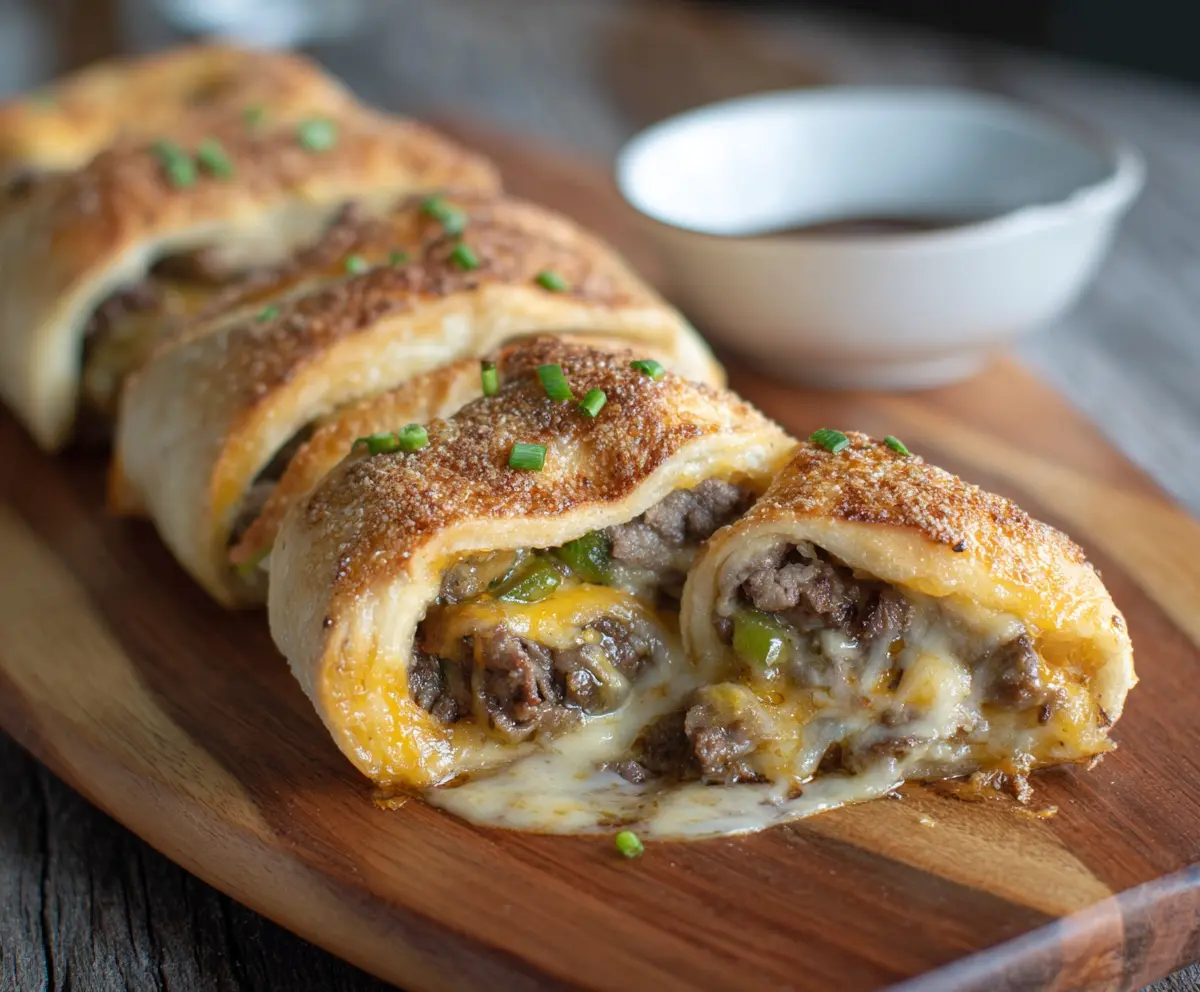 Delicious Philly Cheesesteak Roll Ups with melted cheese and tender steak in a crispy roll-up.
