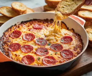 Delicious cheesy pizza dip with melted toppings served in a bowl, perfect for party snacking.