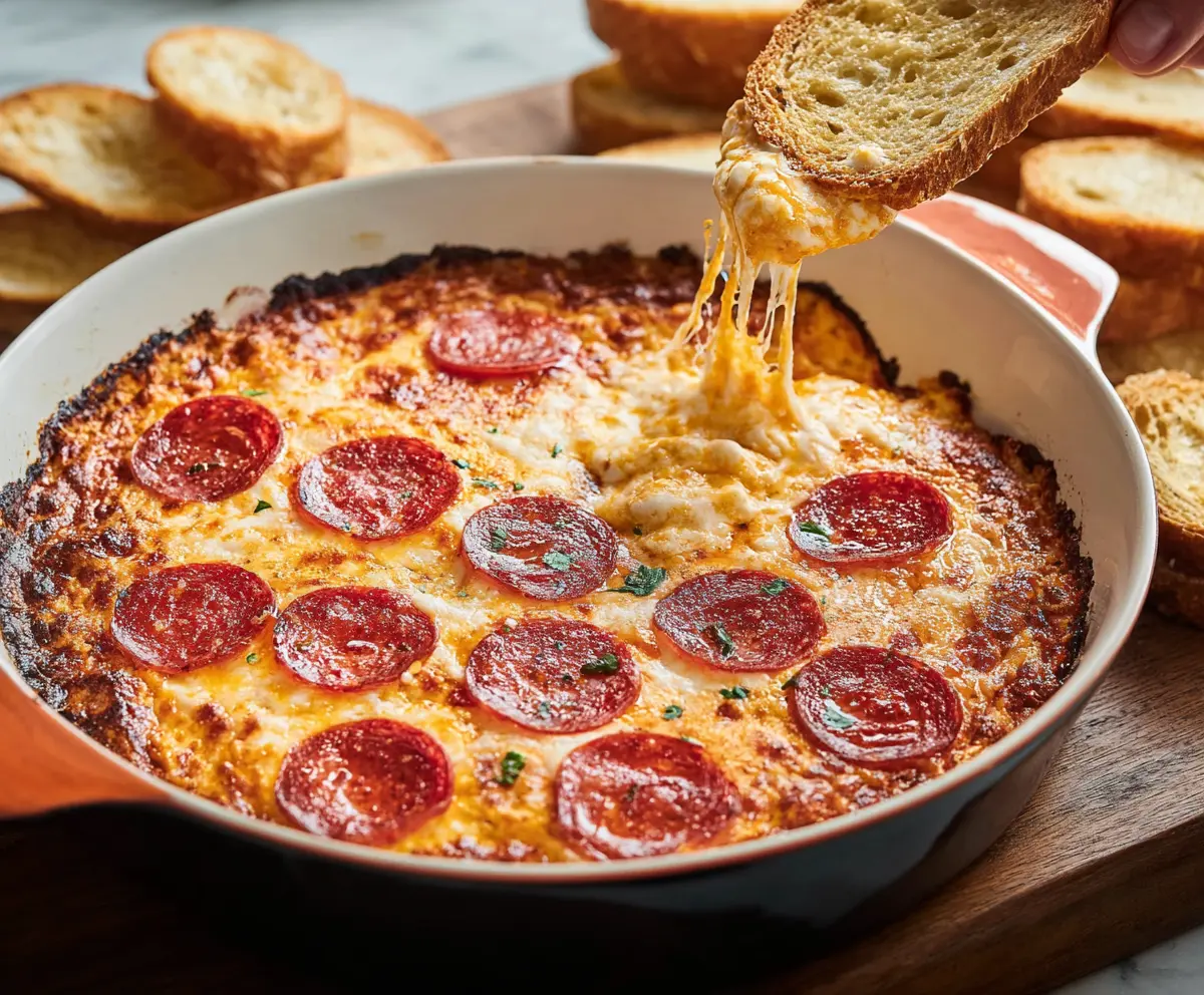 Delicious cheesy pizza dip with melted toppings served in a bowl, perfect for party snacking.