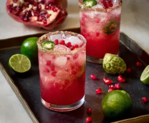 Refreshing Pomegranate Ginger Fizz cocktail with vibrant red pomegranate seeds and fresh ginger slices.