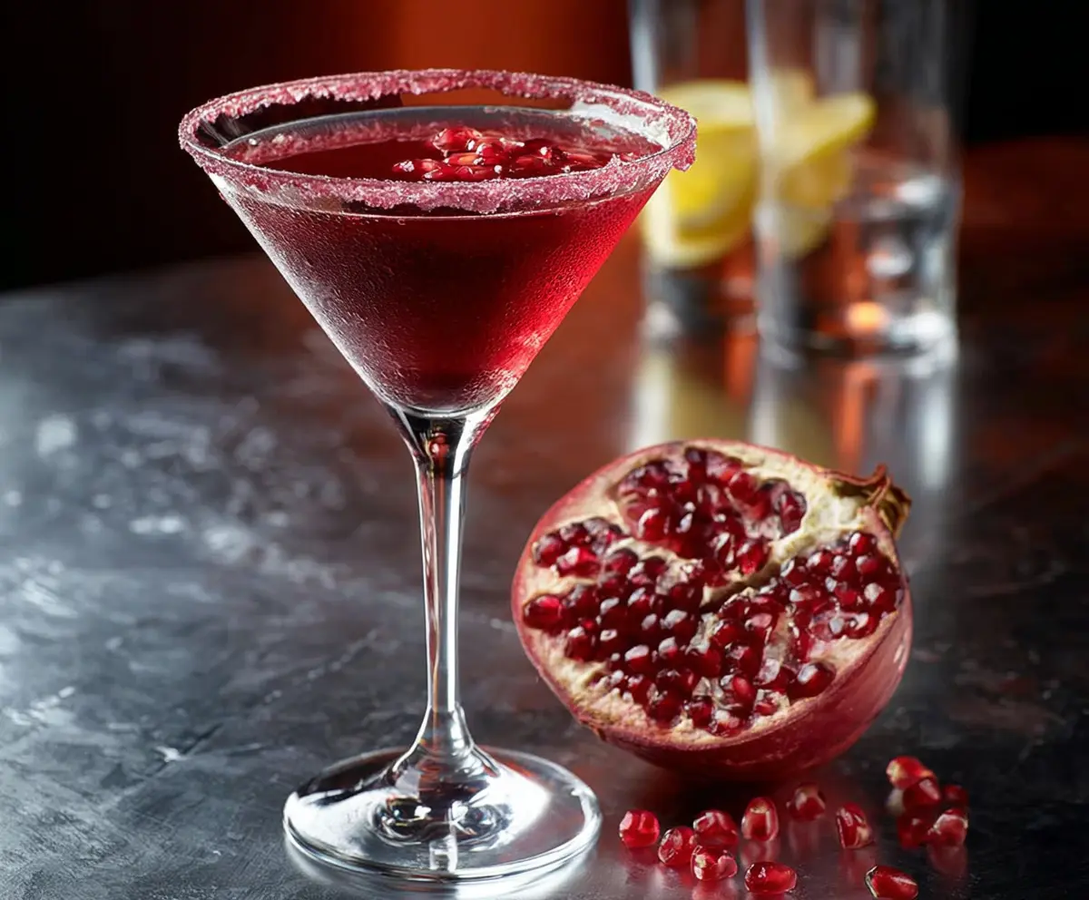 Elegant Pomegranate Martini cocktail garnished with fresh pomegranate seeds and a mint sprig.