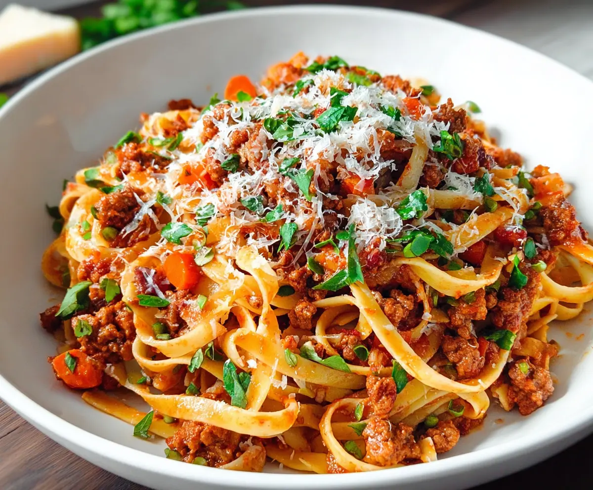 Delicious Pork Bolognese Pasta served with fresh herbs and grated cheese.