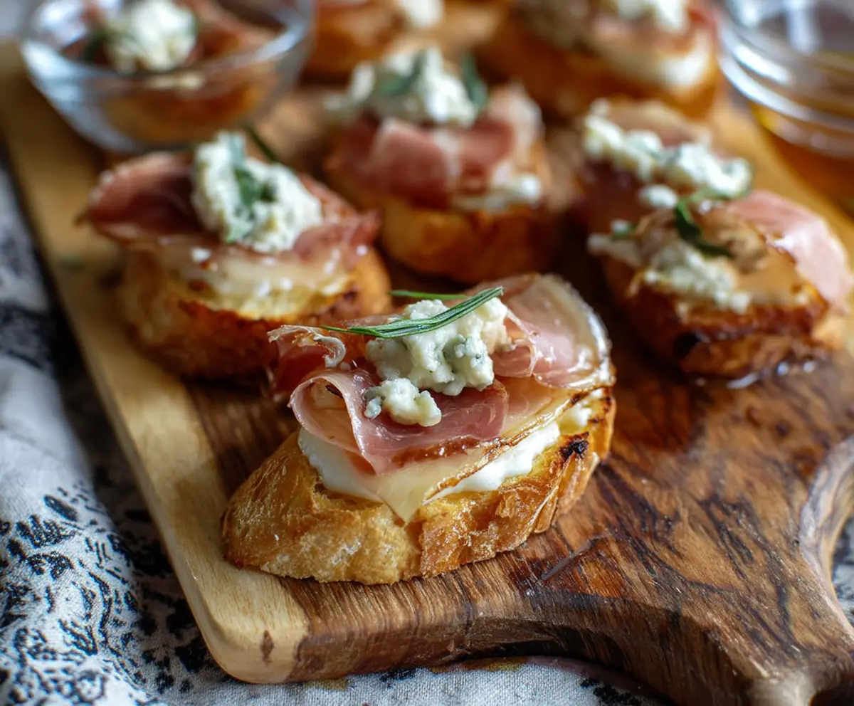 Delicious Prosciutto Pear Gorgonzola Crostini served on a rustic wooden board with fresh herbs.