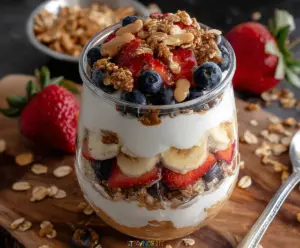Healthy protein yogurt parfait layered with fresh berries and granola, perfect for breakfast or a snack.