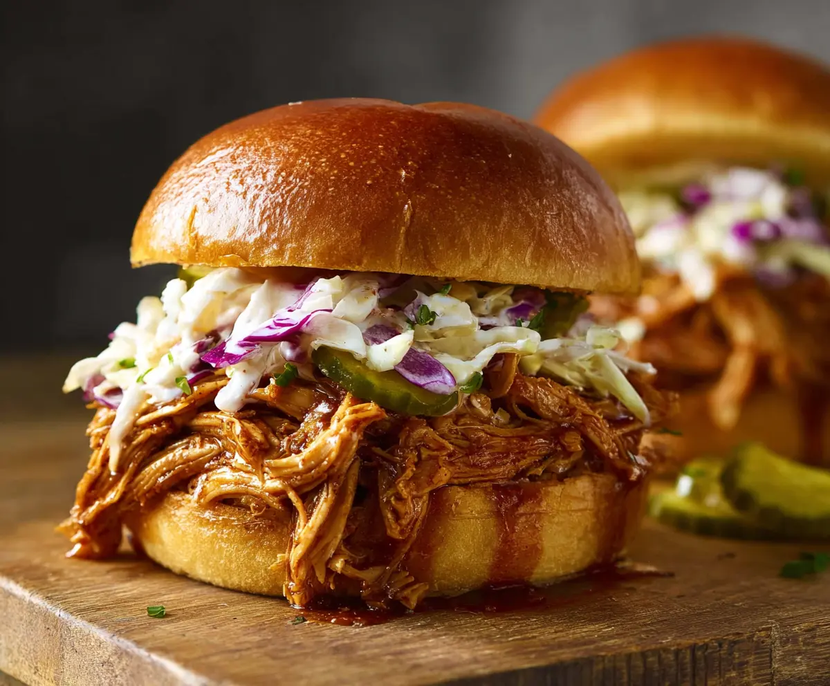 Delicious pulled chicken sandwiches with fresh buns and savory filling on a plate.