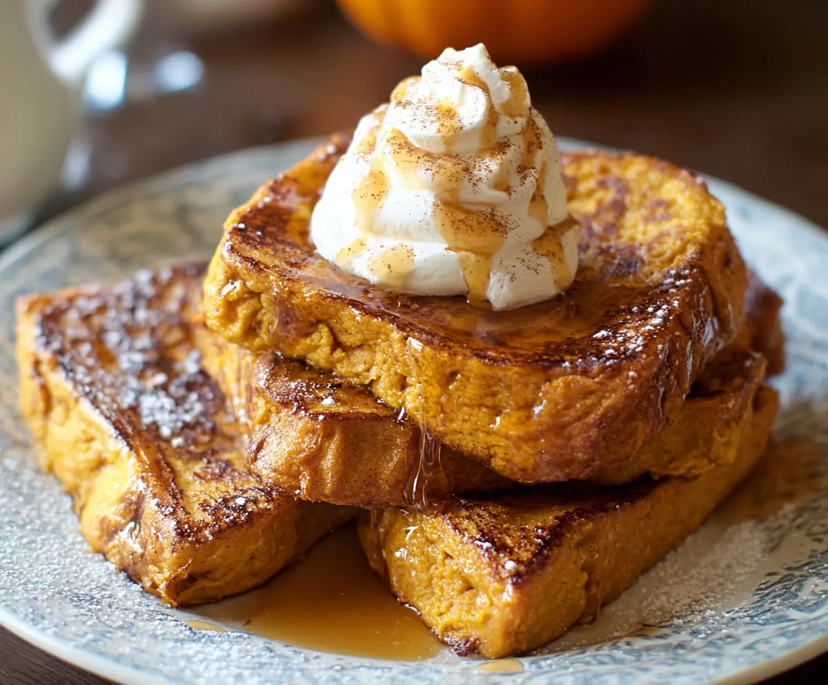Delicious pumpkin French toast topped with powdered sugar and fresh berries on a festive plate.