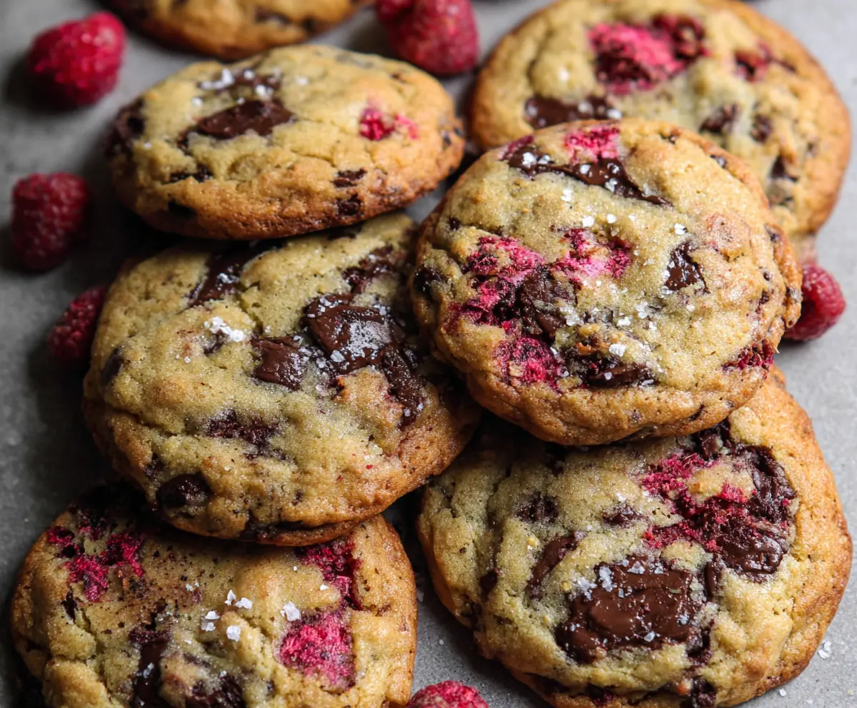 Delicious raspberry and chocolate chip cookies fresh out of the oven, showcasing vibrant red berries and melting chocolate chunks.