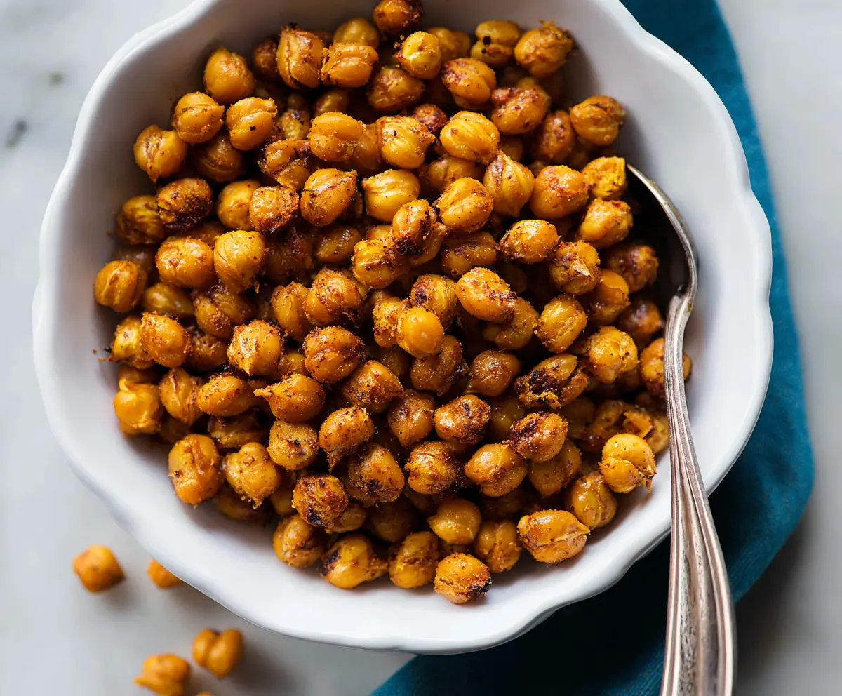 Crunchy roasted chickpeas seasoned with herbs on a white plate