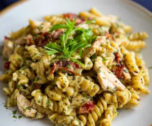 Delicious rotisserie chicken pasta dish garnished with herbs in a white bowl.