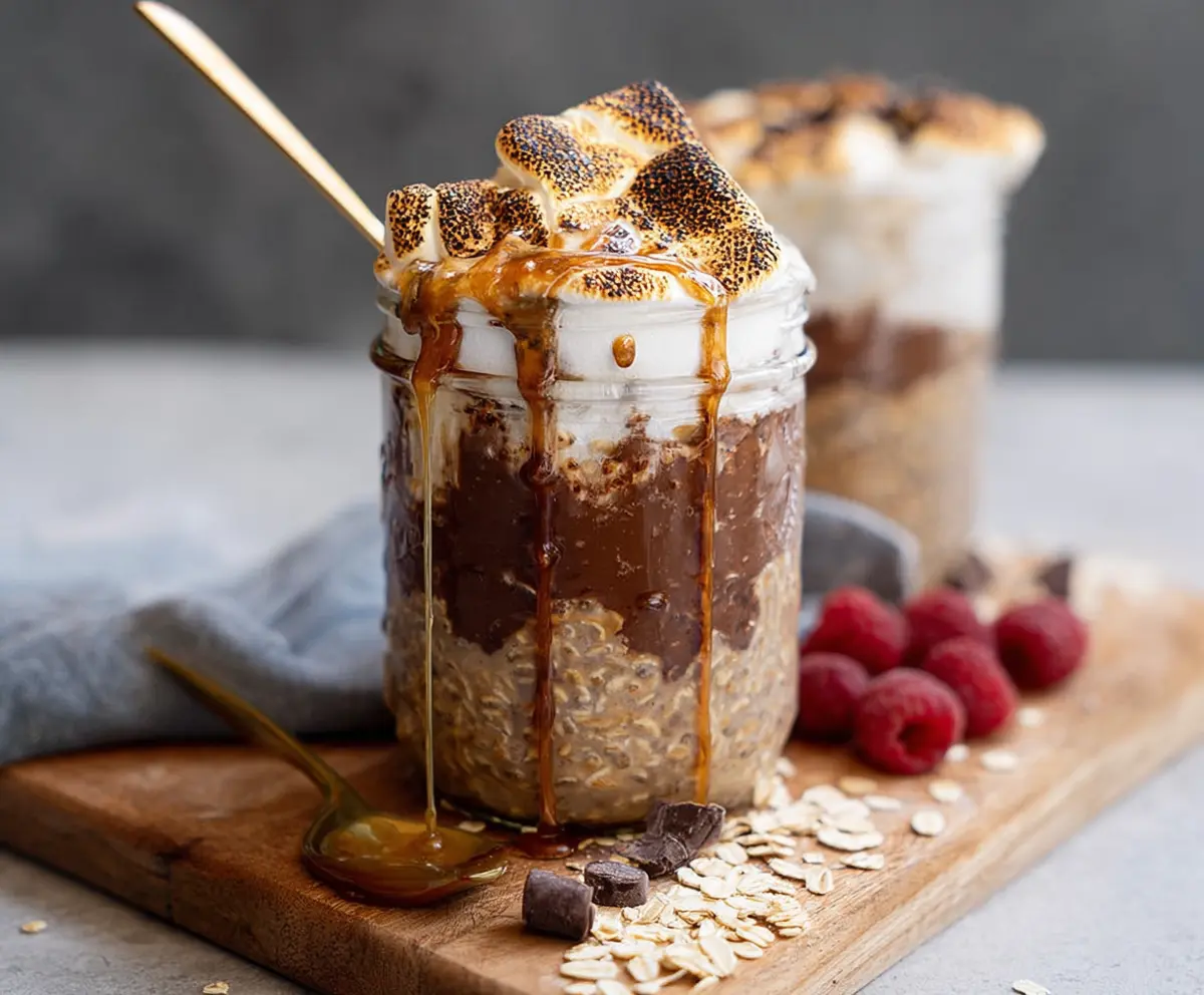 Delicious S’mores Overnight Oats in a glass jar with chocolate and marshmallows on top