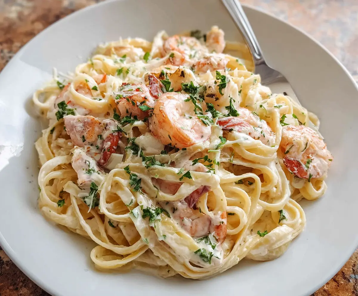 Creamy Seafood Alfredo Pasta with shrimp and scallops served on a white plate
