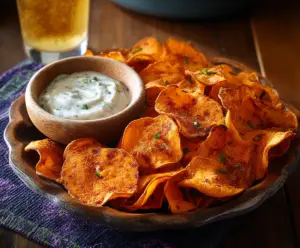 Crispy spicy sweet potato chips on a white plate with a flavorful dipping sauce
