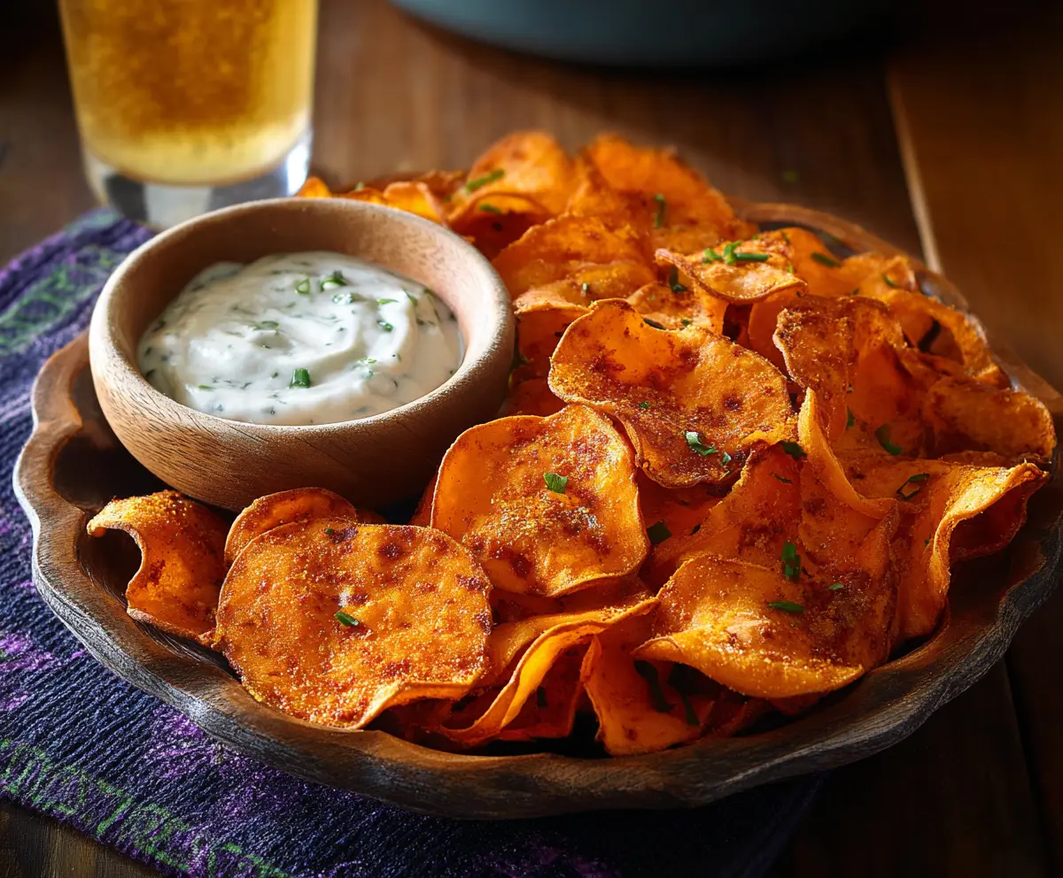 Crispy spicy sweet potato chips on a white plate with a flavorful dipping sauce