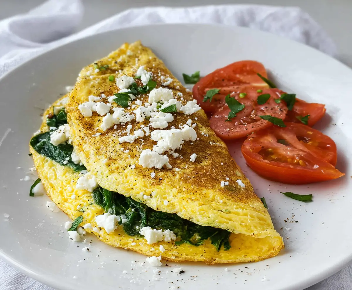 Delicious spinach and feta omelet garnished with fresh herbs for a healthy breakfast.