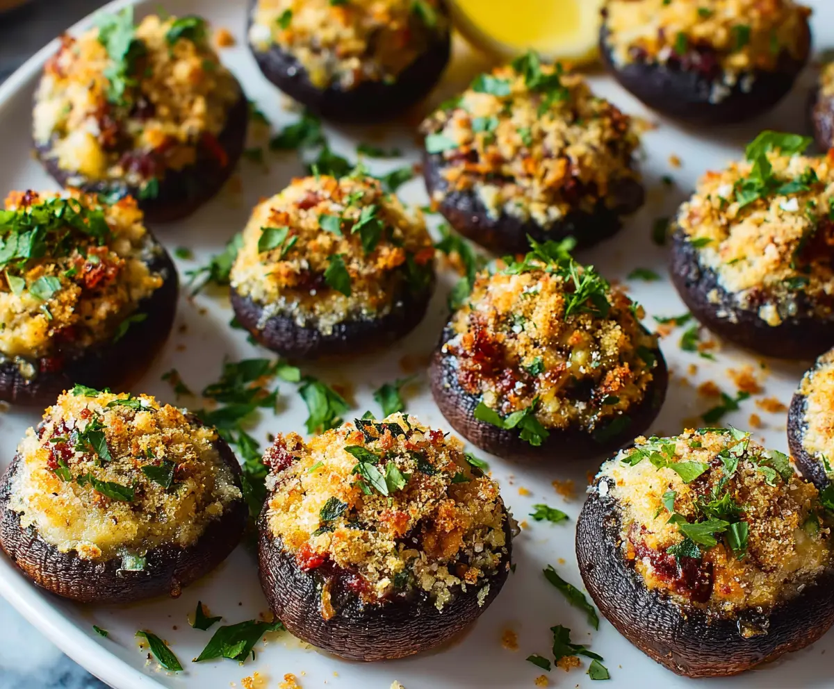 Delicious stuffed mushrooms topped with melted cheese and herbs, perfect as an appetizer.