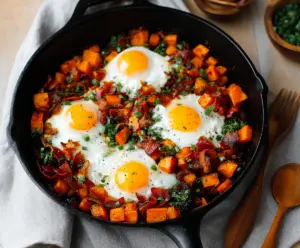 Delicious sweet potato breakfast hash with colorful vegetables and herbs, perfect for a healthy morning meal