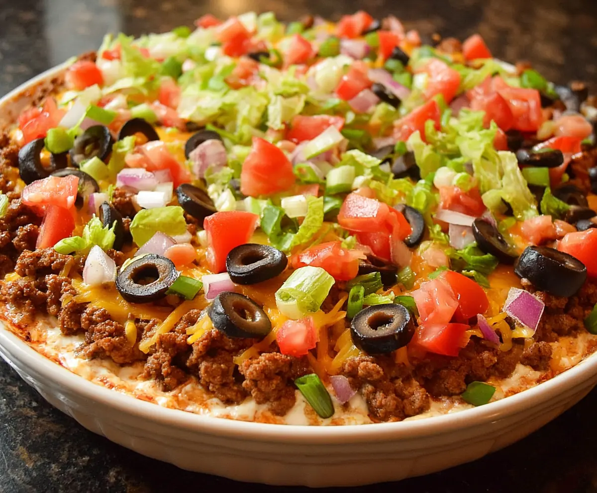 Delicious taco dip with seasoned ground beef, topped with cheese and fresh toppings, perfect for parties and snacking.