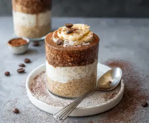 Delicious Tiramisu Overnight Oats in a glass jar topped with cocoa powder and coffee beans.
