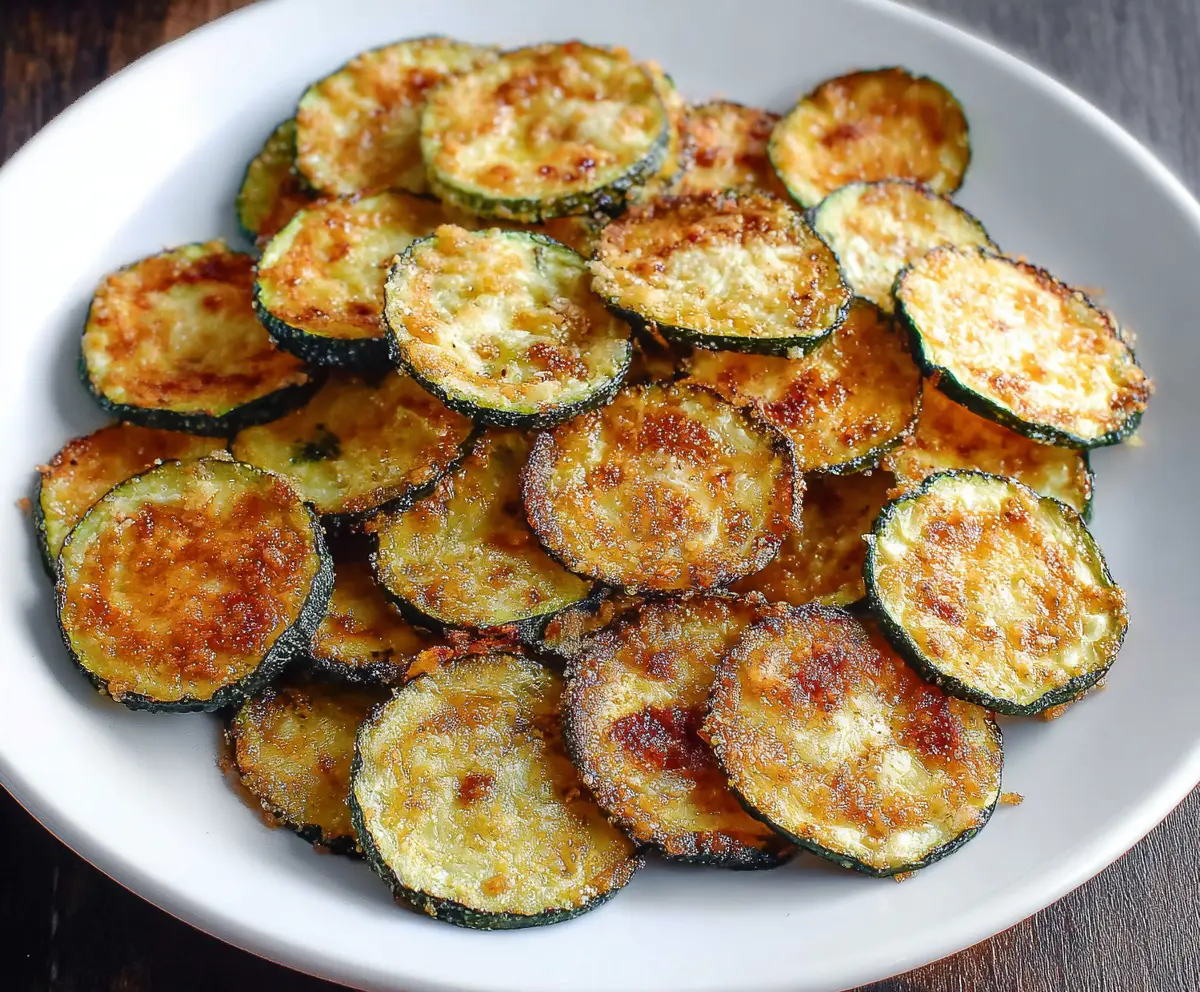 Crispy baked zucchini chips on a white plate, healthy snack option.