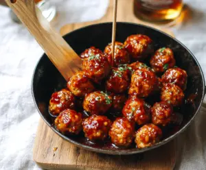 Delicious apricot BBQ cocktail meatballs served on a platter, perfect appetizer for parties.