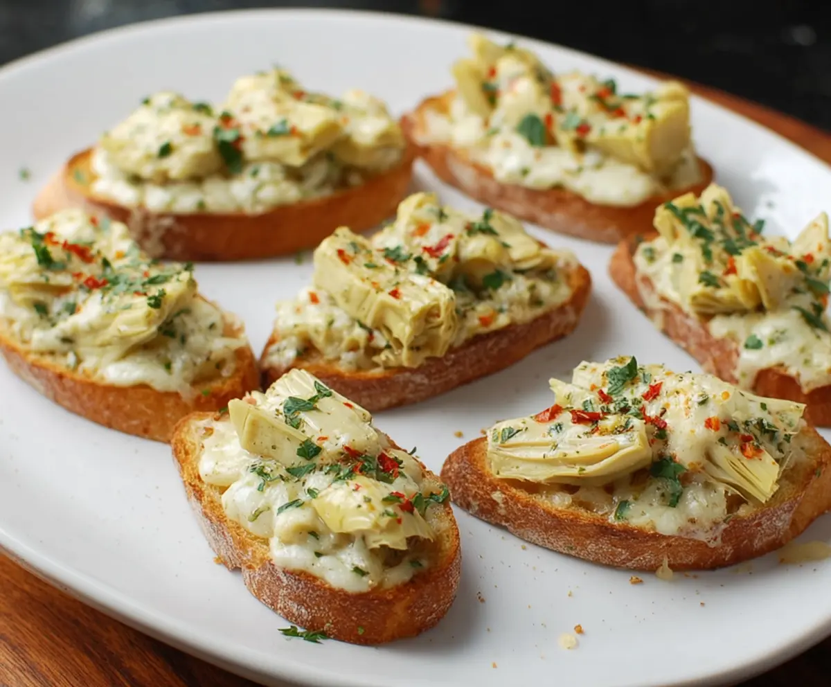 Delicious artichoke bruschetta with crispy bread and fresh herbs on a rustic platter.