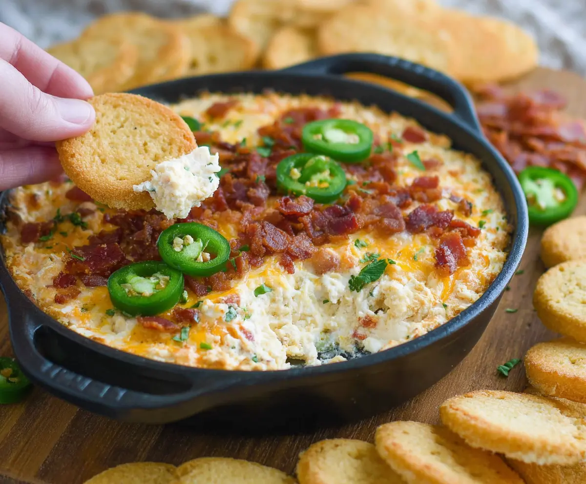 Creamy Bacon Jalapeño Popper Dip with crispy bacon, melted cheese, and spicy jalapeños served in a bowl.