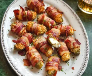Bacon-wrapped pickle poppers with melted cheese on a serving platter.