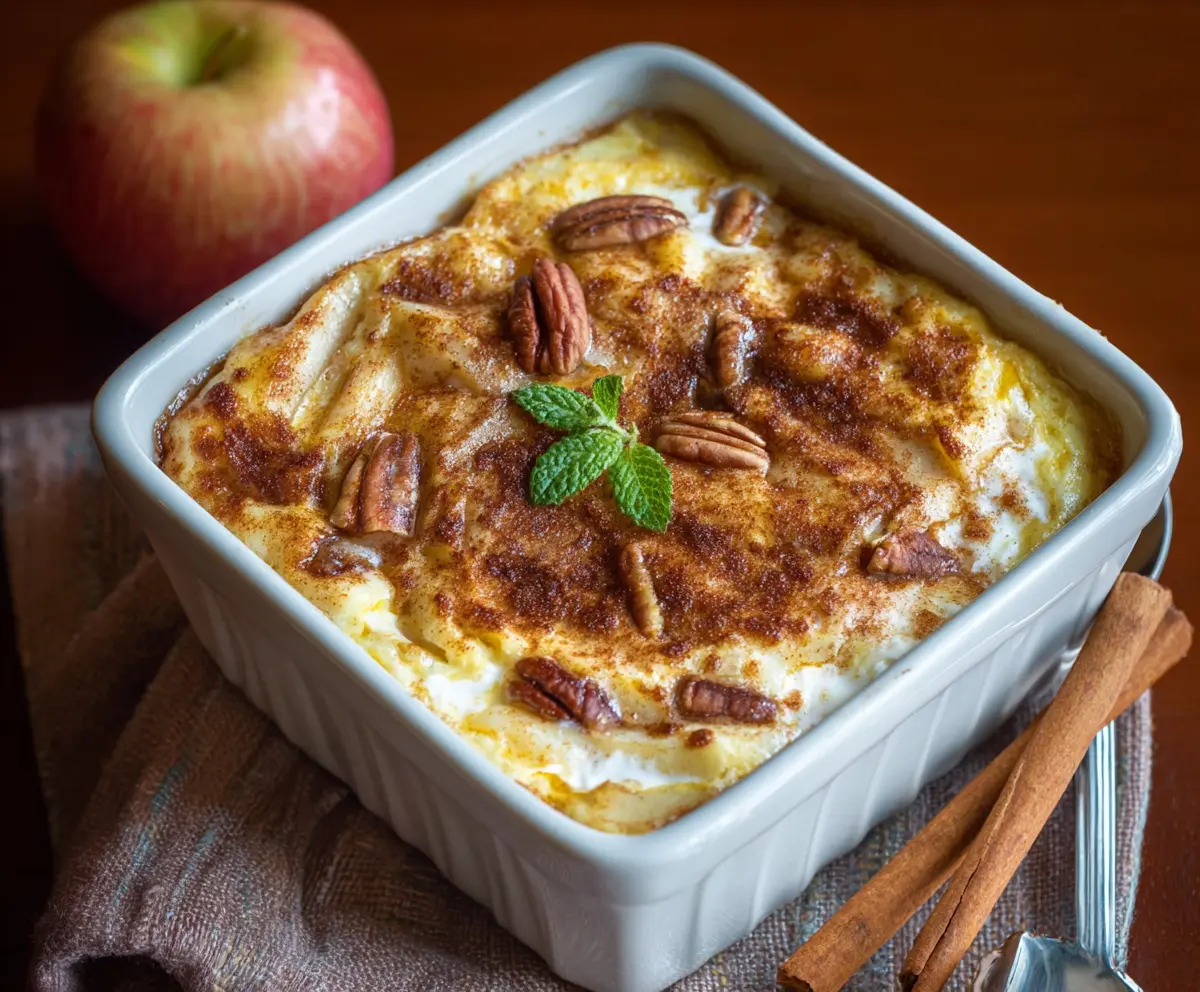 Healthy baked apple cinnamon cottage cheese breakfast served on a plate