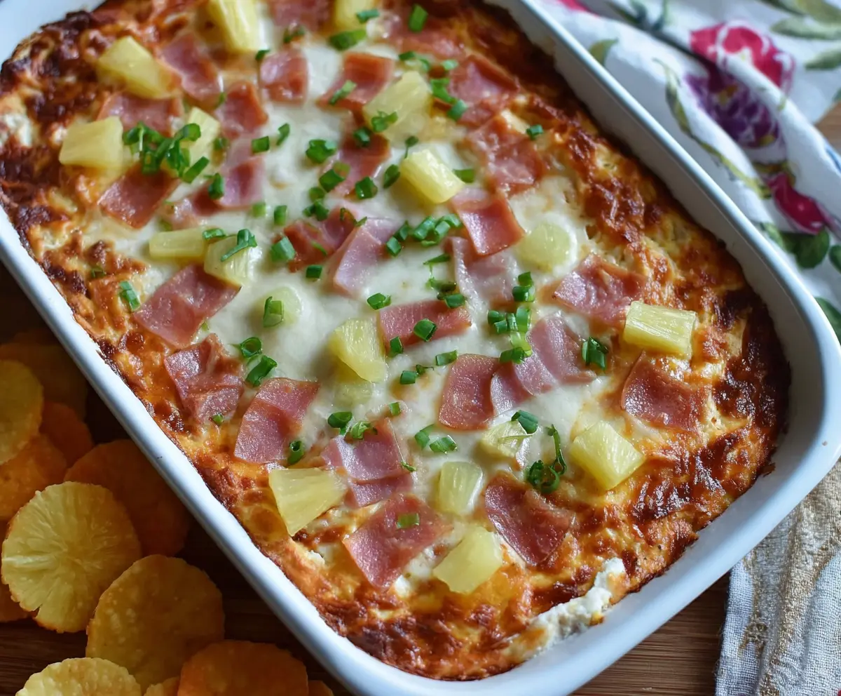 Delicious baked Hawaiian pizza dip with ham, pineapple, and melted cheese served in a casserole dish.