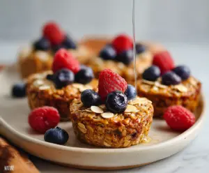 Delicious baked oatmeal cups with fresh fruit and nuts, perfect for a healthy breakfast.