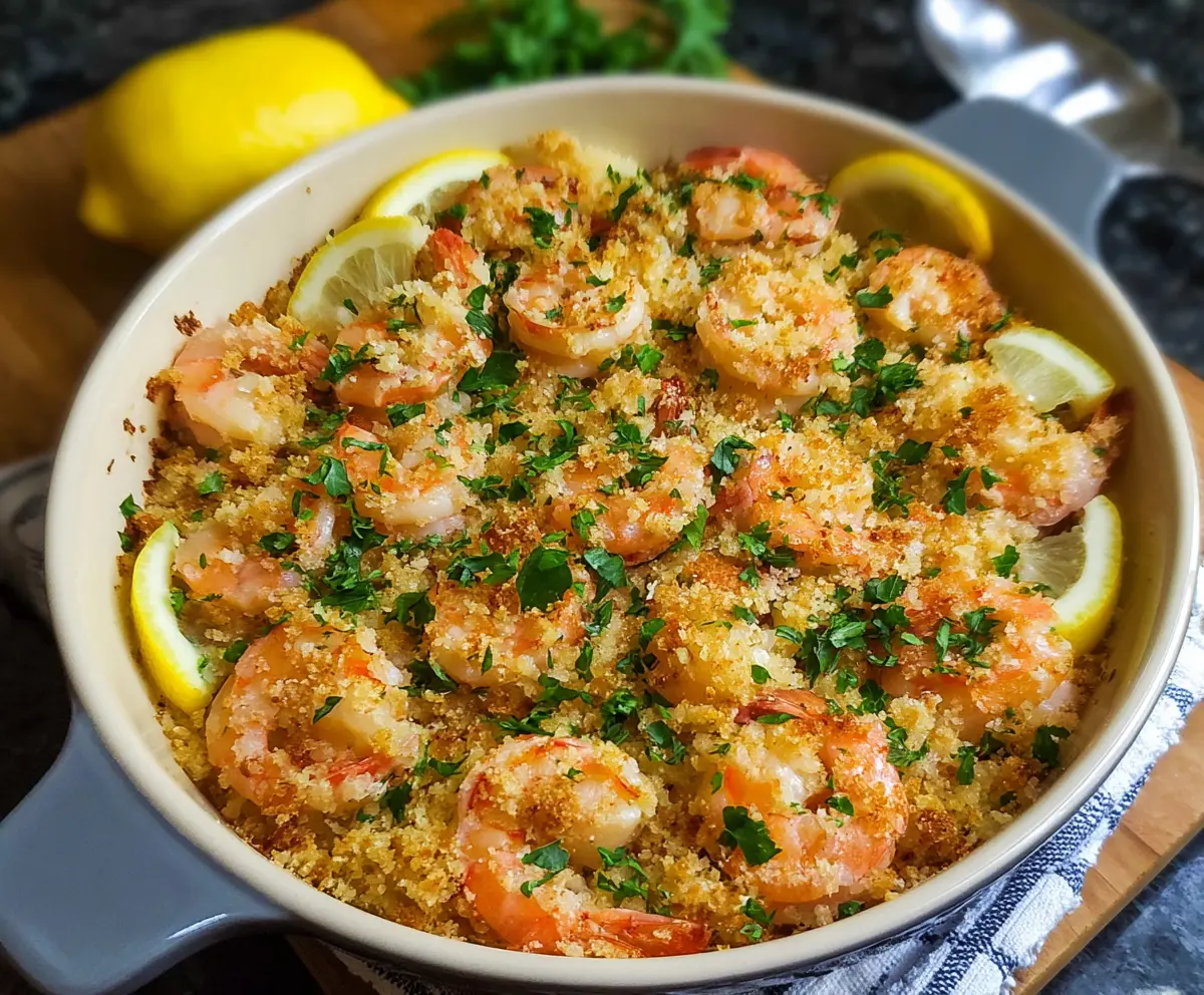 Baked Shrimp Scampi with golden breadcrumbs served on a white plate, garnished with fresh herbs.