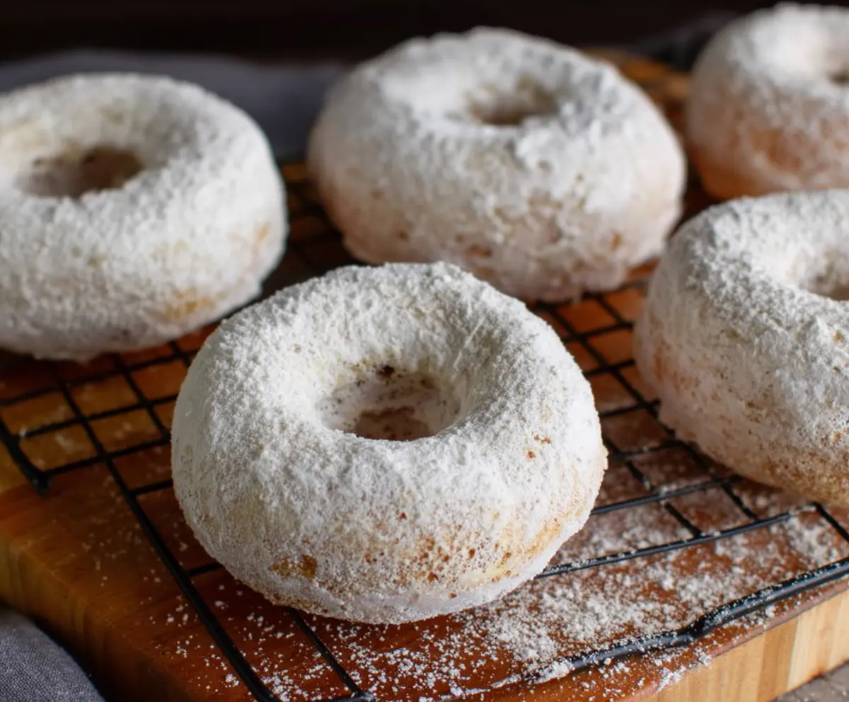 Delicious baked sourdough discard donuts dusted with powdered sugar on a white plate