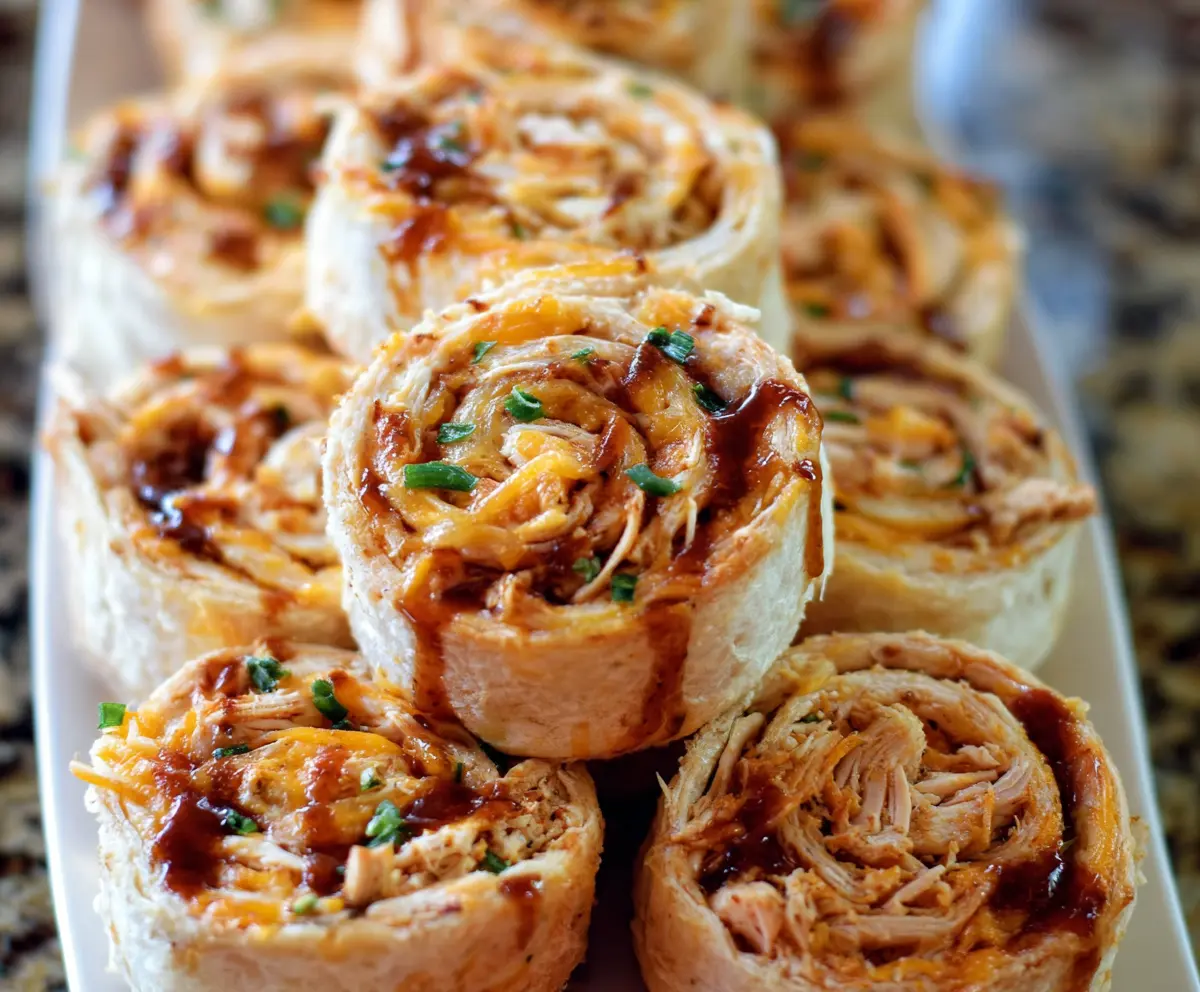 Delicious BBQ Chicken Cheddar Pinwheels fresh out of the oven with melted cheese and savory filling.