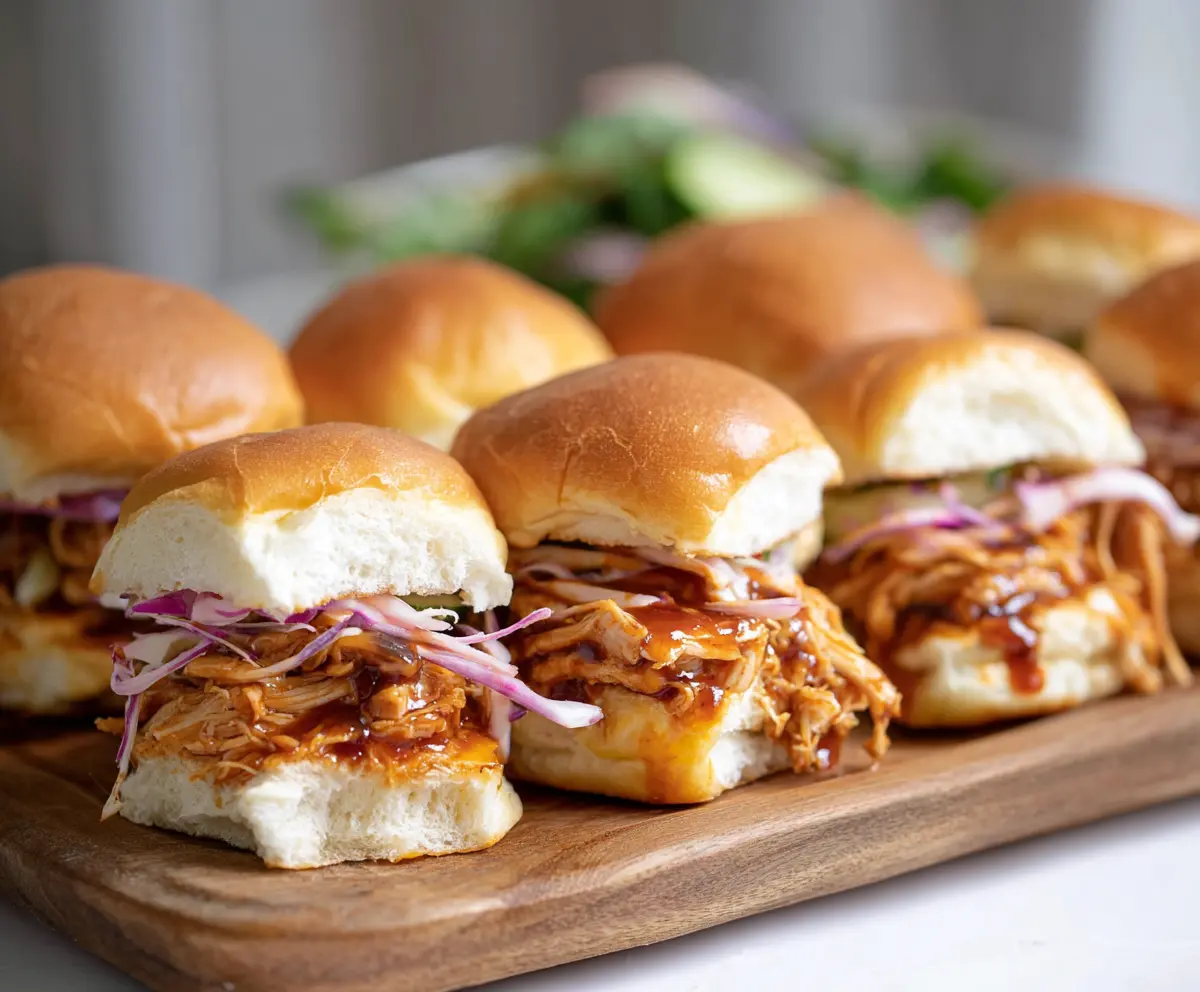 Delicious BBQ chicken sliders topped with melted cheese and fresh pickles on a soft bun.