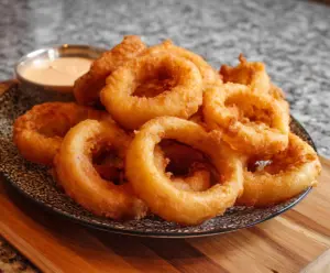 Crispy beer battered onion rings served on a plate, perfect for snack or pub appetizer
