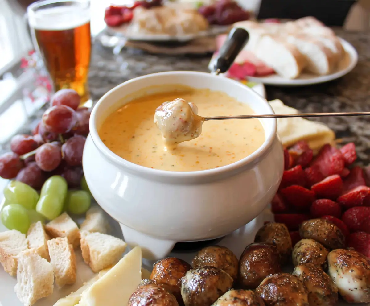 Creamy beer cheese fondue with crusty bread and fresh vegetables on a rustic wooden table.